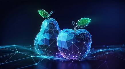 Wireframe apple and pear with glowing blue and purple light, representing digital connection and healthy living.