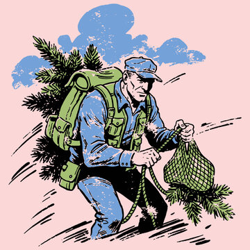Retro Pop Art Style Outdoorsman Pulling Heavy Load with Rope. Vintage Comic Book Hiker Illustration of Work and Effort.