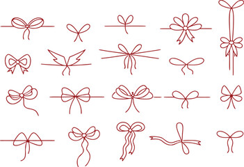 Hand Drawn Red Bow Ribbon Set Doodle Line Art Collection