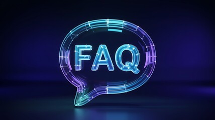 Abstract glowing blue wireframe speech bubble with the text 'FAQ' inside, representing digital communication, support, and online information.