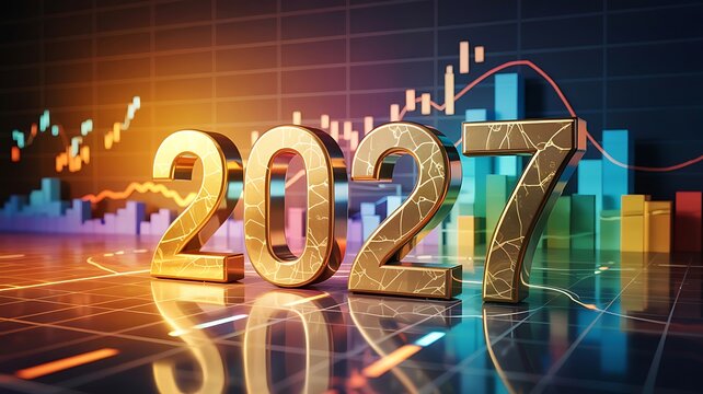 The year '2027' in gleaming gold 3D numerals, superimposed on dynamic financial graphs and charts, signifying future market performance and analytics. - Powered by Adobe
