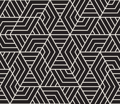 Vector seamless pattern. Abstract pattern of black and white interlocking hexagons with converging lines, creating an optical illusion and dynamic, modern feel.