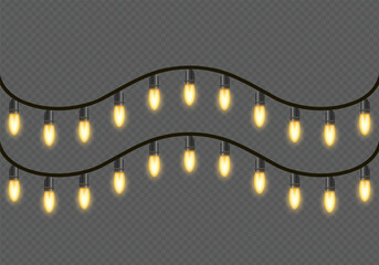 Realistic Warm Glowing String Lights Overlay, Colorful Christmas Fairy Light Garland with Red, Blue, Green, Yellow Illumination for Festive Party, Wedding, Holiday Decoration on Transparent 