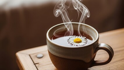 A hot cup of steaming chamomile tea with a daisy flower. Rustic ceramic mug on a wooden table for wellness and relaxation