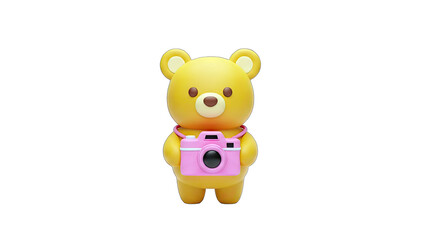 Cute Yellow Bear Holding Pink Camera on White Background
