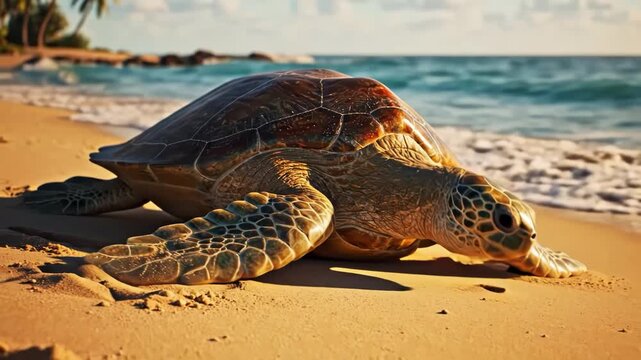 Closeup of a sea turtle on a sandy beach at sunset