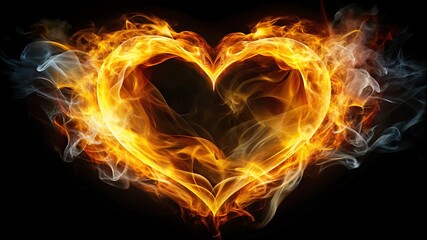 Fiery heart shape formed by intense flames and smoke