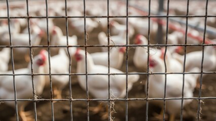 Obraz premium White domestic chickens in chicken farm behind metal wire fence, showing blurred background of many birds. Commercial poultry house setting depicts intensive chicken farm conditions,