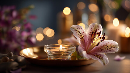 Beautiful spa composition with candle and flower heavily defocused background wellness decor elements arrangement relaxation atmosphere setup beauty treatment styling with cop