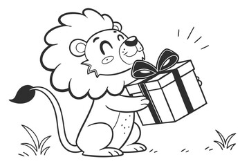 Happy outlined lion cub smiles while holding a ribboned gift box on white background