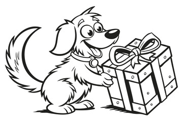Line art depicts a cartoon dog holding a square present with a ribbon