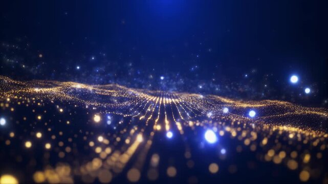 Golden particles wave abstract background shimmering light bokeh dark blue space glowing orbs ethereal glow digital animation