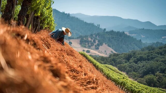 Agricultural worker spreading mulch on vineyard slopes to protect soil from erosion and retain moisture in a sustainable farming practice.