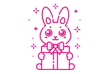 Pink bunny holding a present with bow surrounded by stars, isolated on transparent background