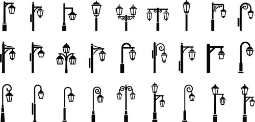 Street lamp, silhouette, black and white, icon set, urban, lantern, post, scrollwork, curved arm, decorative, infrastructure, vintage, modern, classic, minimal, ornate, 