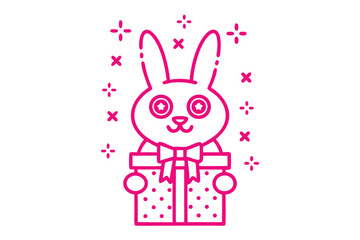 Magenta bunny character presents a gift box amidst sparkling elements on transparent backdrop