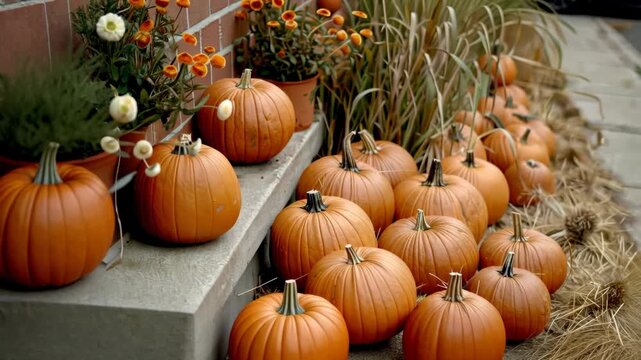 Rows of vibrant pumpkins line a walkway, complemented by decorative plants and dried grass, showcasing the essence of autumn festivities