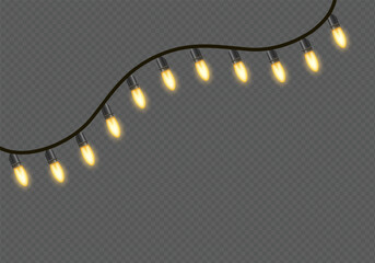 Realistic Warm Glowing String Lights Overlay, Colorful Christmas Fairy Light Garland with Red, Blue, Green, Yellow Illumination for Festive Party, Wedding, Holiday Decoration on Transparent 