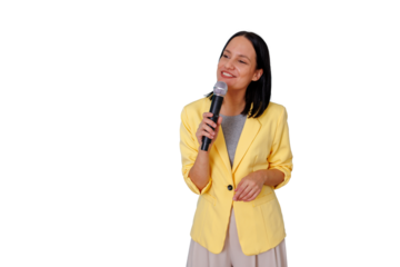 Woman speaker holding microphone, giving speech, presentation or broadcasting, smiling, transparent background