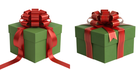 Two green gift boxes with red ribbons and bows isolated on transparent background