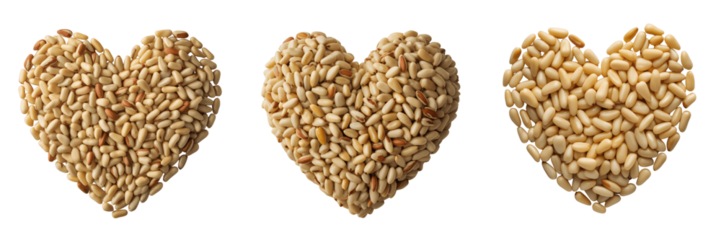 Three heart shapes made of different types of grains isolated on transparent background