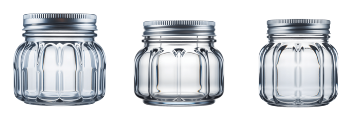 Three small empty glass jars with silver lids isolated on transparent background