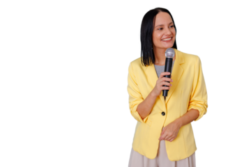 Woman public speaker holding microphone and smiling, presenting ideas at a conference or event
