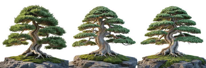 Three bonsai trees on rocks isolated on transparent background