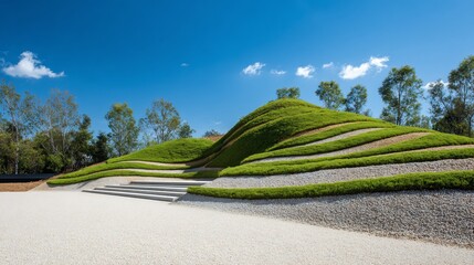 Tiered grassy hills meet gravel expanse under a bright blue sky