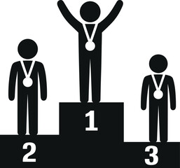 Podium award ceremony with winners, ranking medals, competition success concept, achievement celebration scene, flat vector illustration