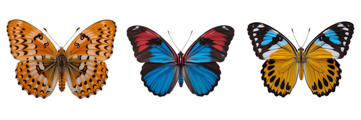 Obraz premium Three colorful butterflies isolated on transparent background