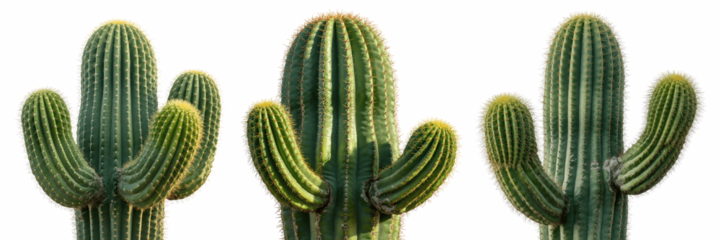 Three green cacti on transparent background with yellow tips