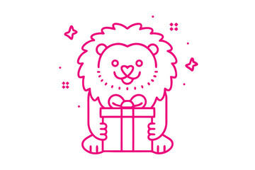 Linear lion with heart nose holding gift box outlines joyfully on transparent background