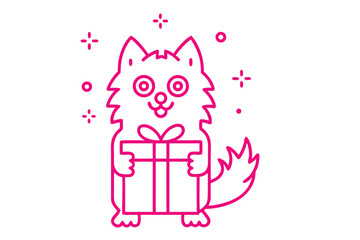 Pink outline drawing features furry animal happily holding a present box on white