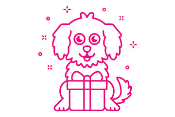 Pink cartoon puppy with gift box outlined smiles sweetly against a transparent background