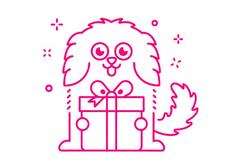 Pink outline drawing reveals cheerful dog proudly holding a gift box with transparent background