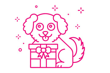 Pink line drawing shows a smiling dog posing with a gift box on white
