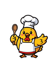 Cartoon chef chicken holding wooden spoon isolated on black background