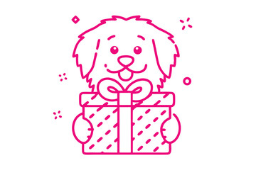 Pink line art shows fluffy dog happily holding a gift box present