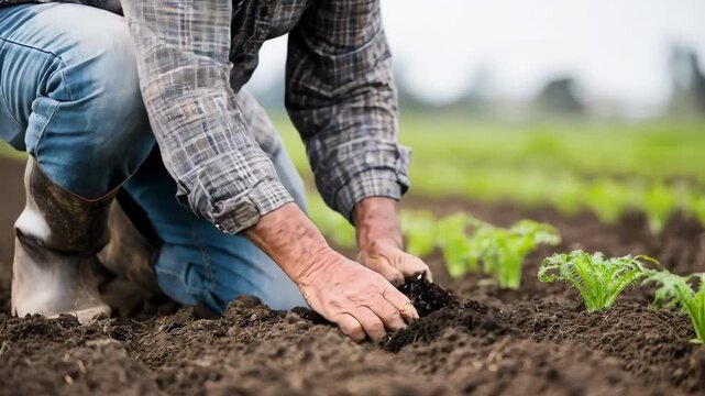 Footage of hands spreading chunky pine biochar over farmland illustrating carbonrich soil additive supporting longterm soil fertility.