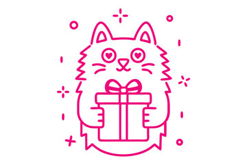 Pink outline drawing shows happy kitten holding a gift box in its paws