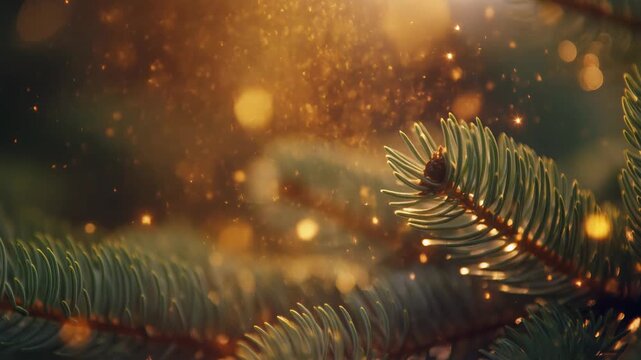 Macro pine branch with golden bokeh and falling dust particles magical winter forest atmosphere soft focus