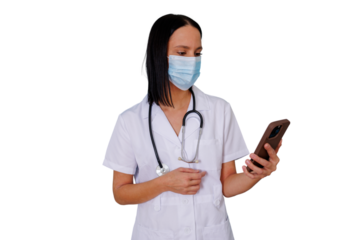 Female doctor or nurse in medical mask using smartphone for telehealth consultation or virtual appointment