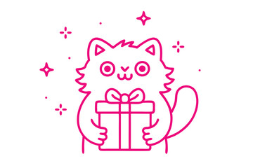 Pink outline cat smiles, holding present with bow, isolated on a transparent background
