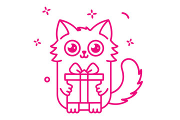 Outlined magenta cartoon cat clutches a gift box amidst shining star symbols with transparent backdrop