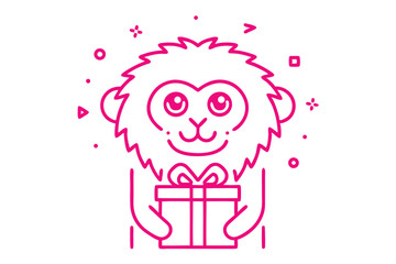 Pink monkey outline holding present box with ribbon in a fun, cute way transparent