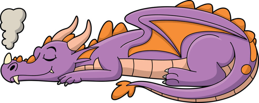 Sleeping dragon cartoon, purple creature, peaceful pose, fantasy animal, whimsical design, cute monster, flat vector illustration