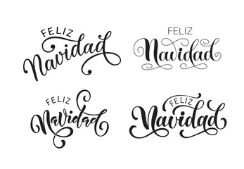 Feliz Navidad text meaning Merry Christmas in Spanish, hand drawn lettering. Modern brush calligraphy isolated on white background. Design for poster, greeting card, banner, print, invitation. Set of 