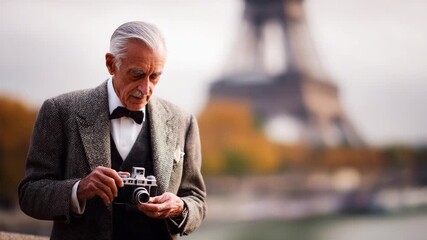 A Thoughtful Portrait of an Elderly Man Holding a Classic Camera Against a Scenic Background, Capturing Moments of Nostalgia and Reflection in a Timeless Setting