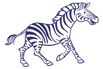 Outlined cartoon zebra playfully gallops with white stripes against a transparent backdrop